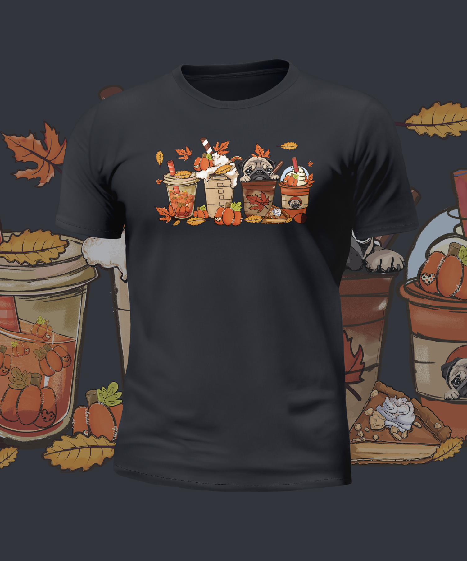 Autumn Cute Pugs in Cups Graphic Tee