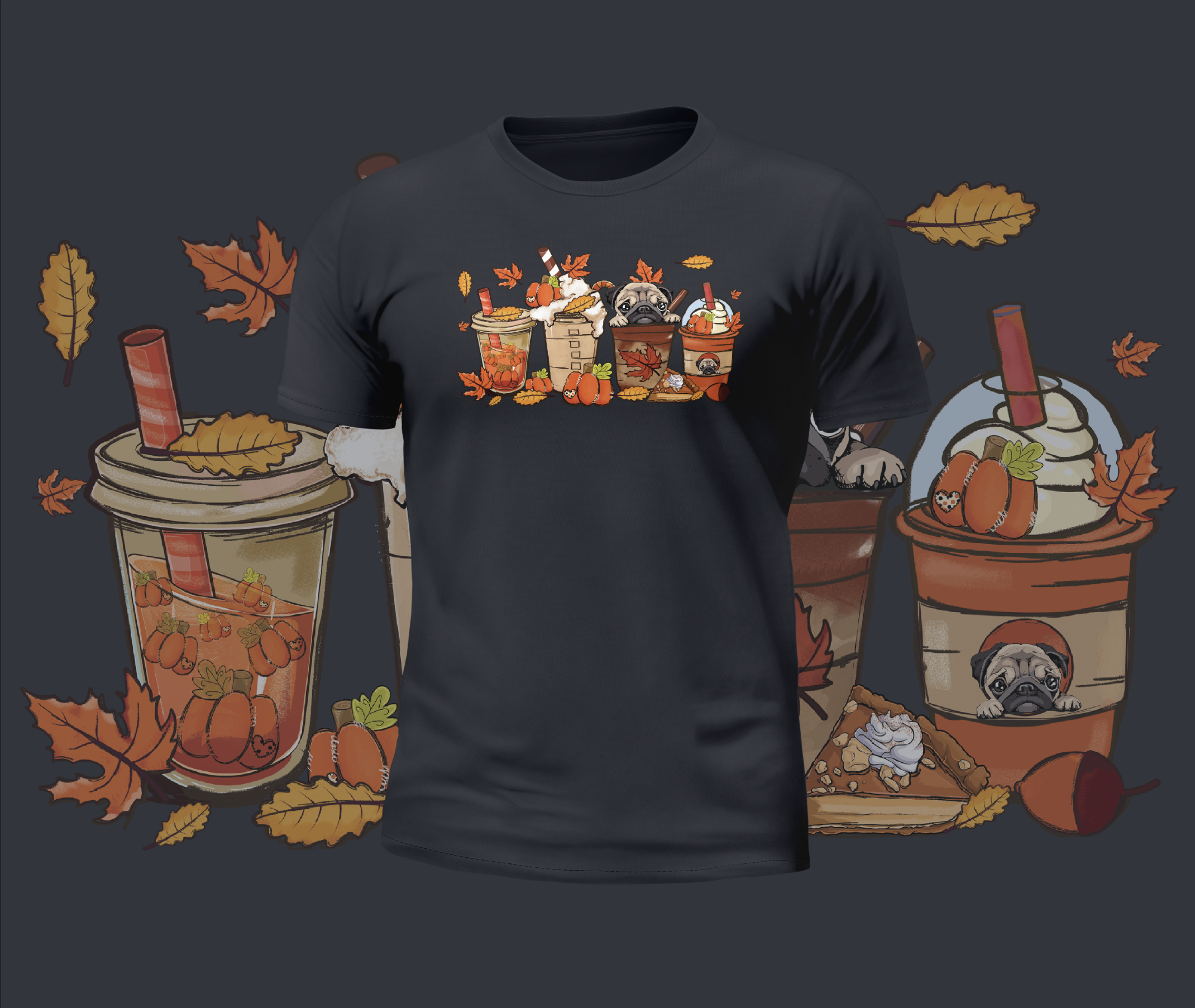 Autumn Cute Pugs in Cups Graphic Tee