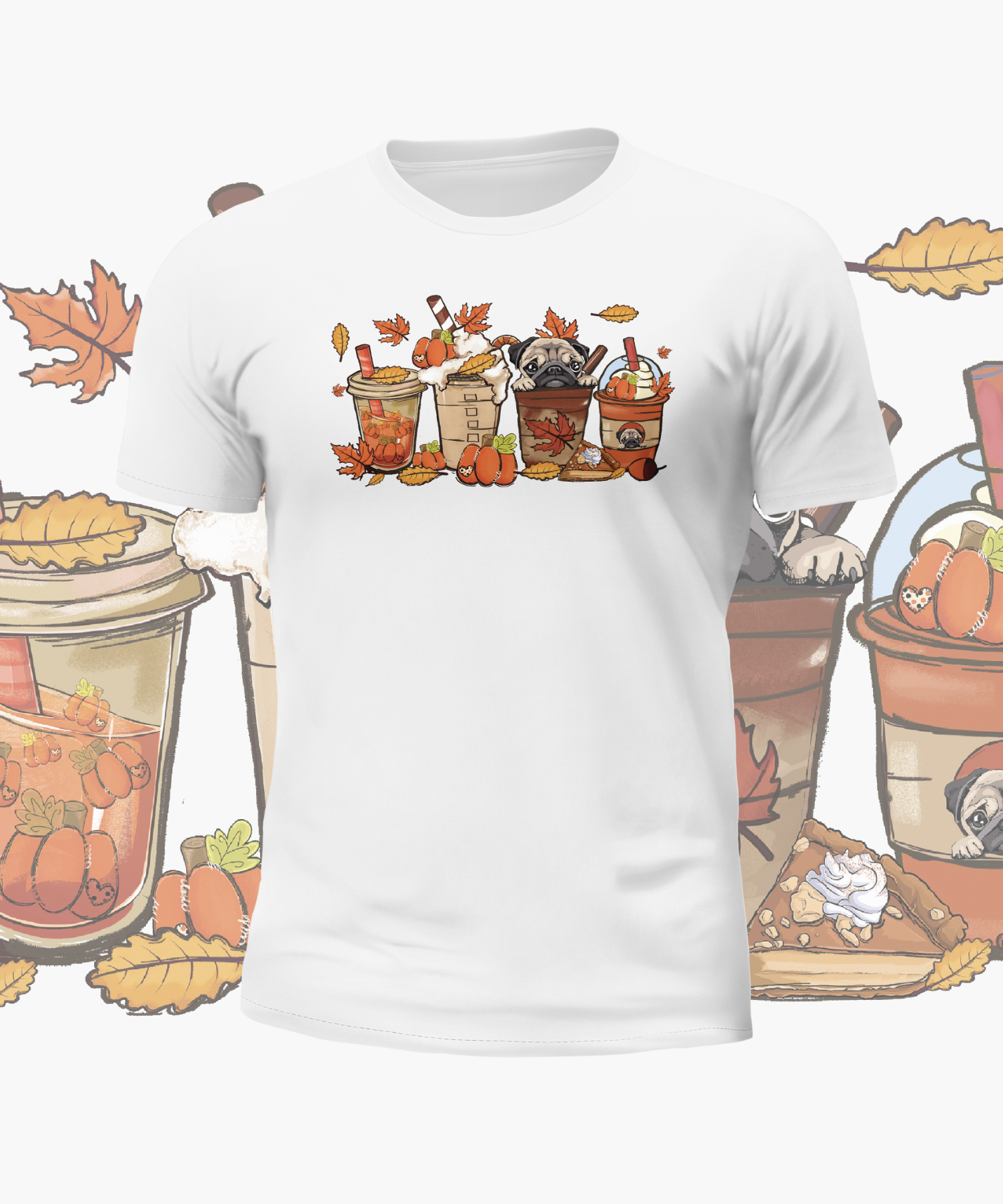 Autumn Cute Pugs in Cups Graphic Tee