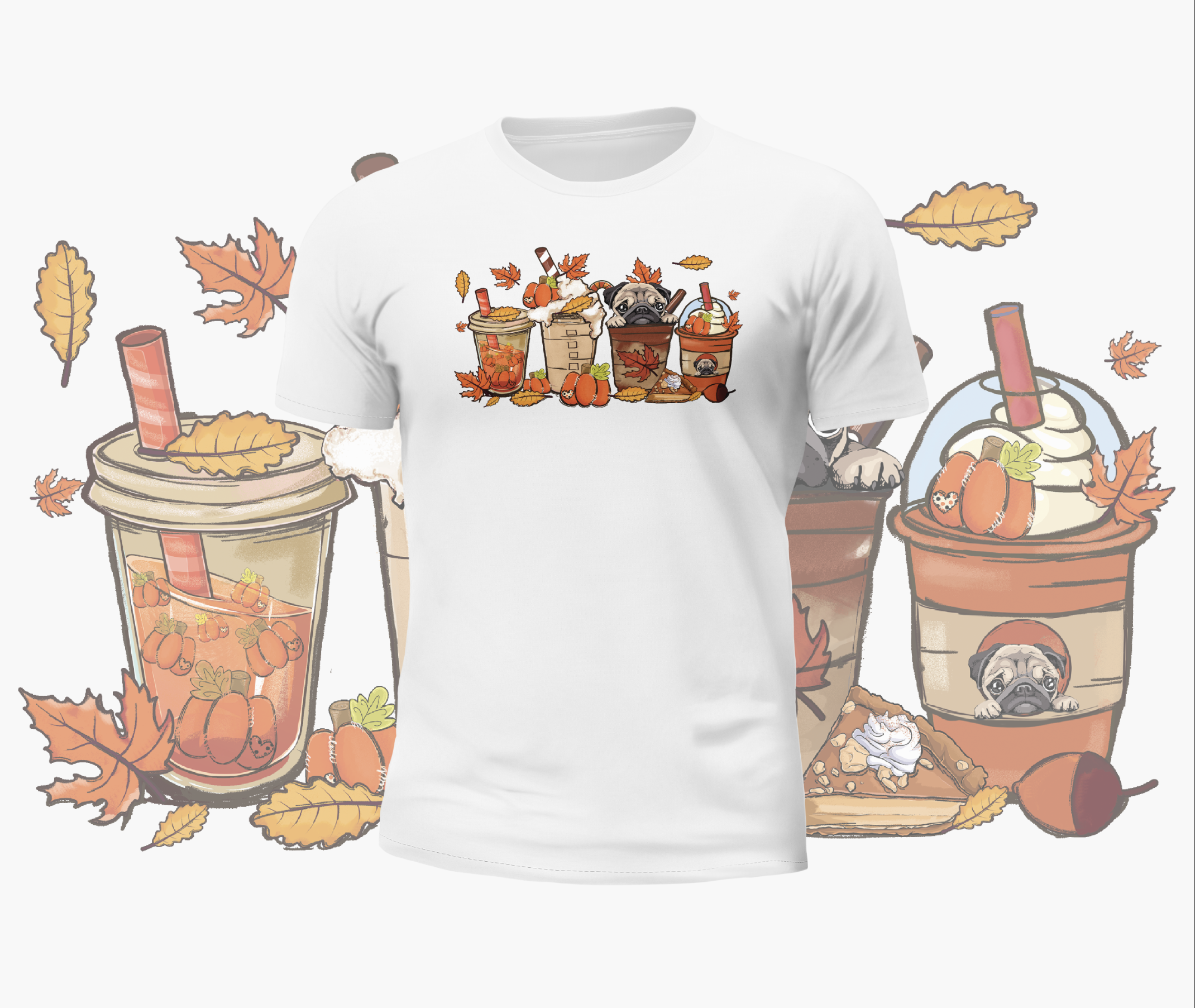 Autumn Cute Pugs in Cups Graphic Tee