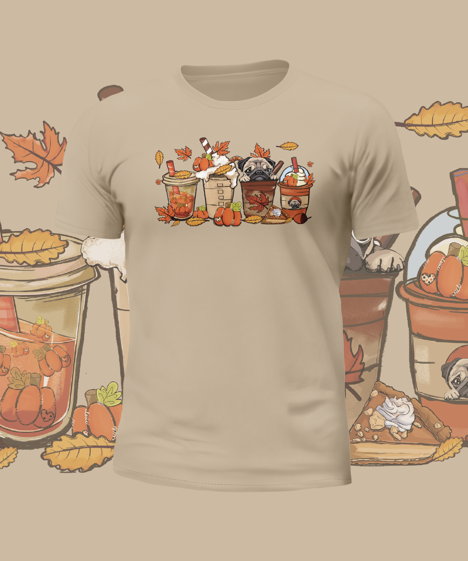 Autumn Cute Pugs in Cups Graphic Tee