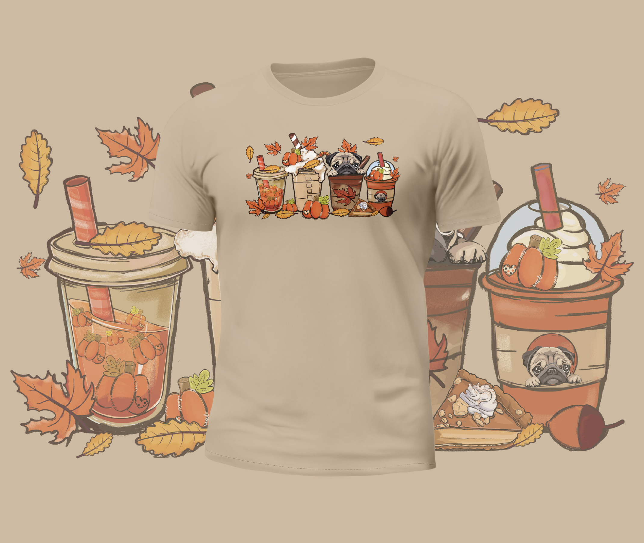 Autumn Cute Pugs in Cups Graphic Tee