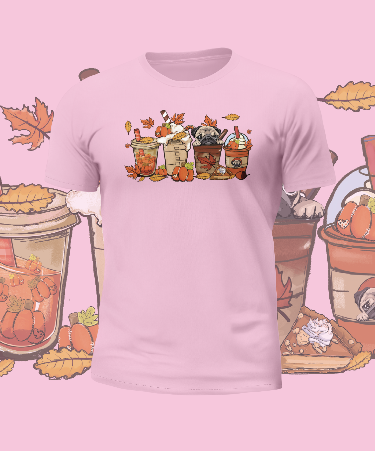 Autumn Cute Pugs in Cups Graphic Tee