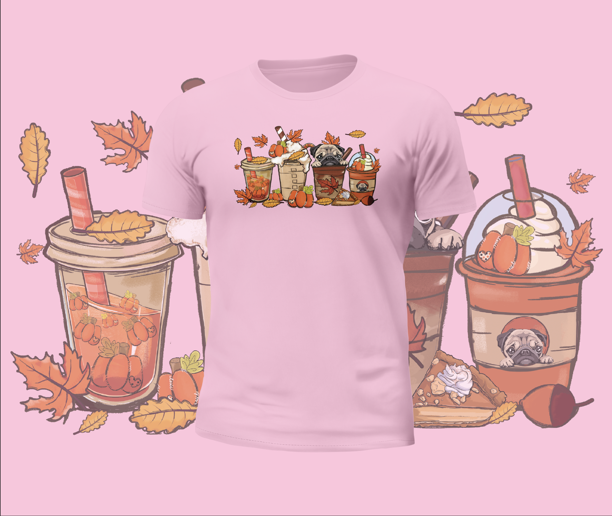 Autumn Cute Pugs in Cups Graphic Tee
