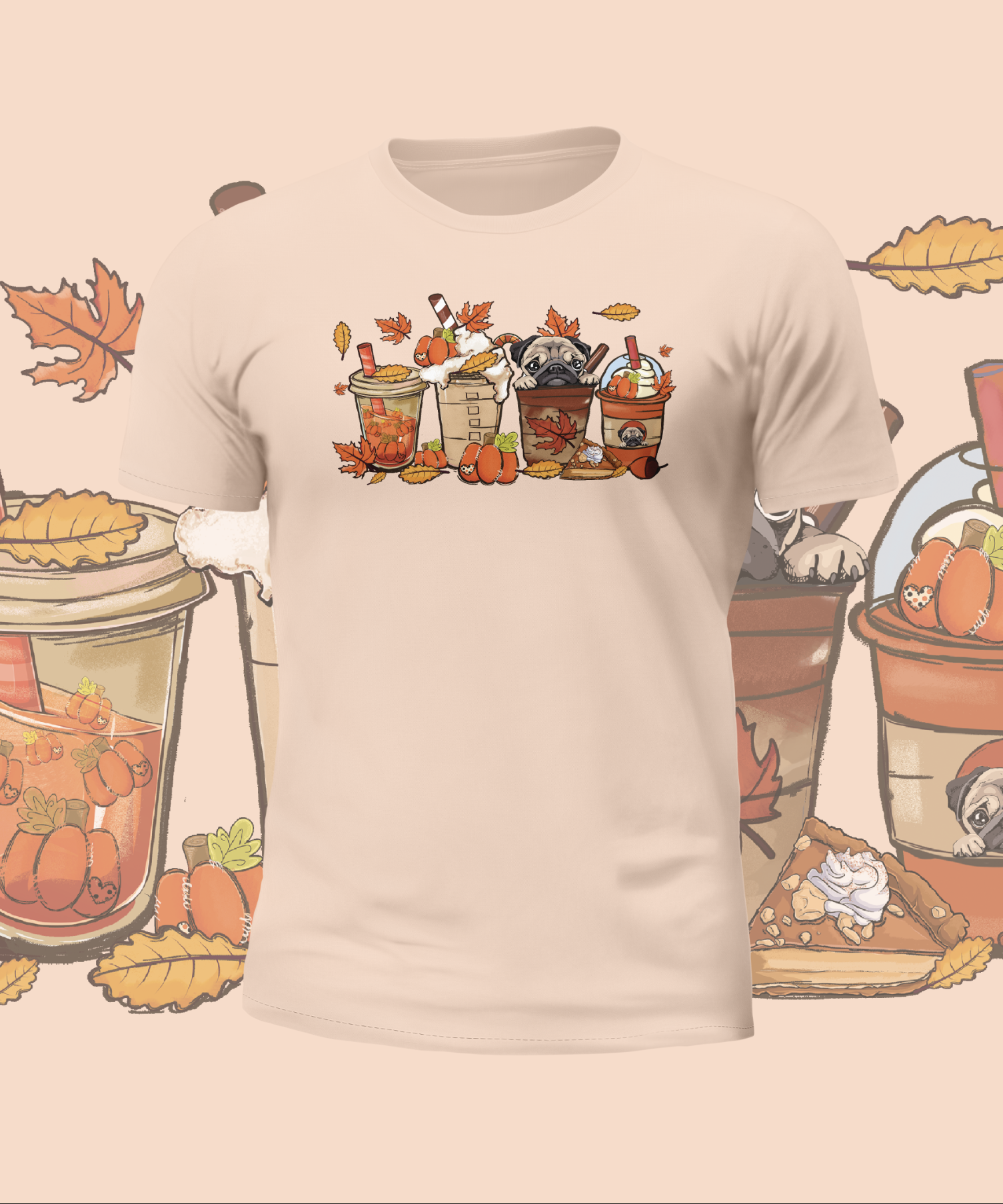 Autumn Cute Pugs in Cups Graphic Tee