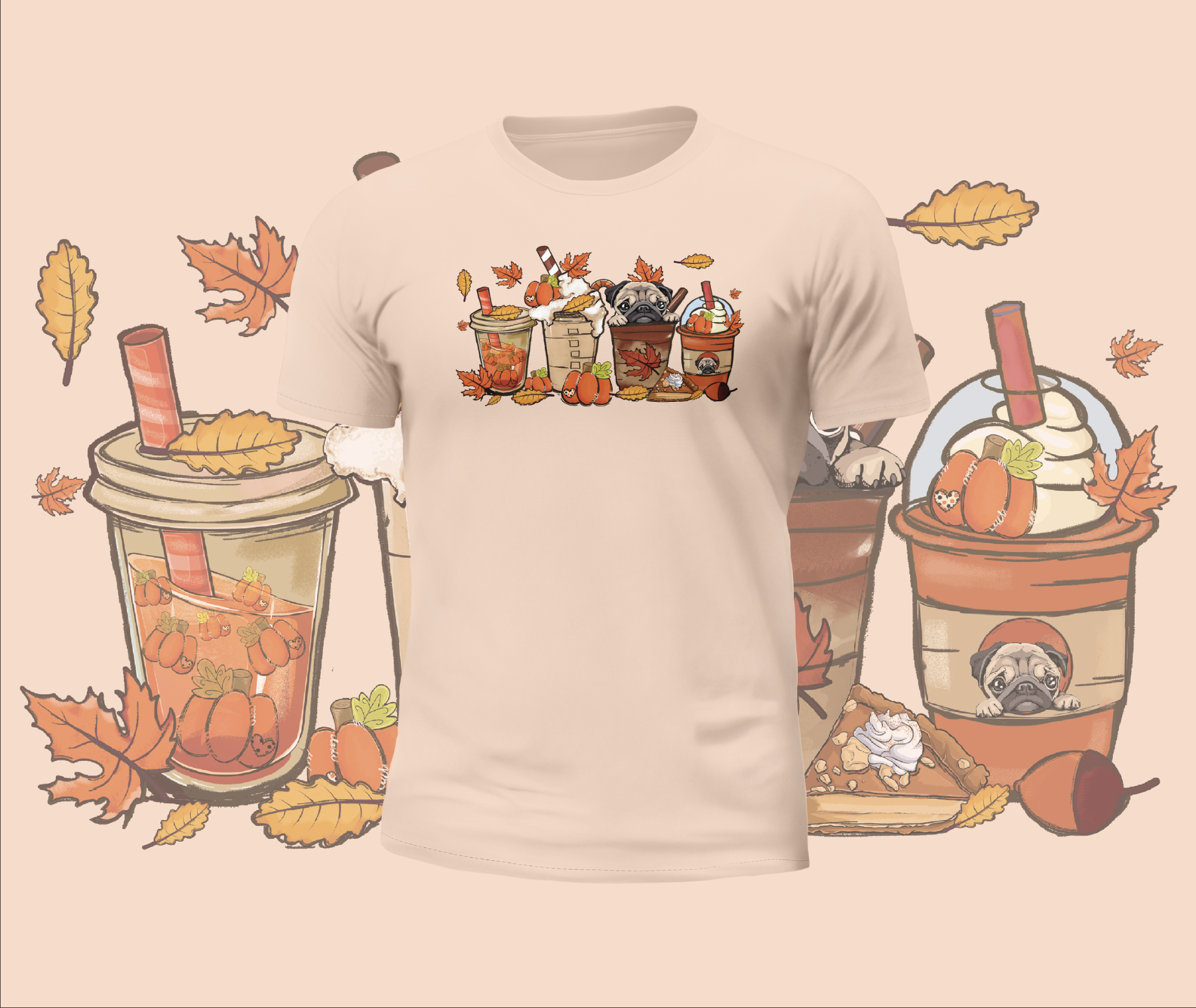 Autumn Cute Pugs in Cups Graphic Tee