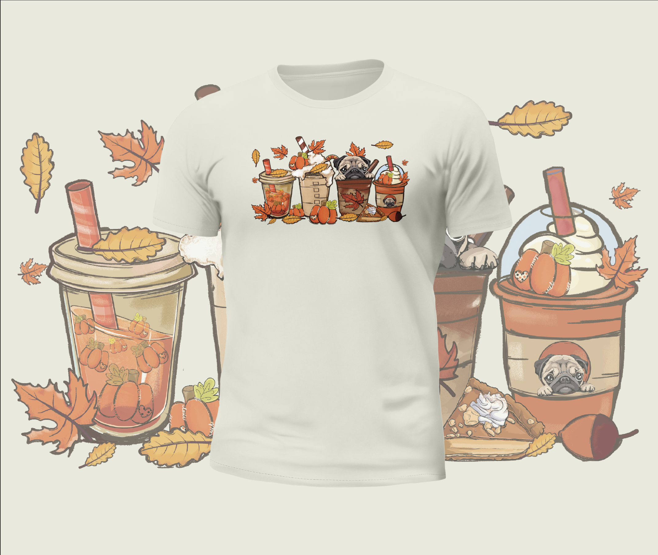Autumn Cute Pugs in Cups Graphic Tee