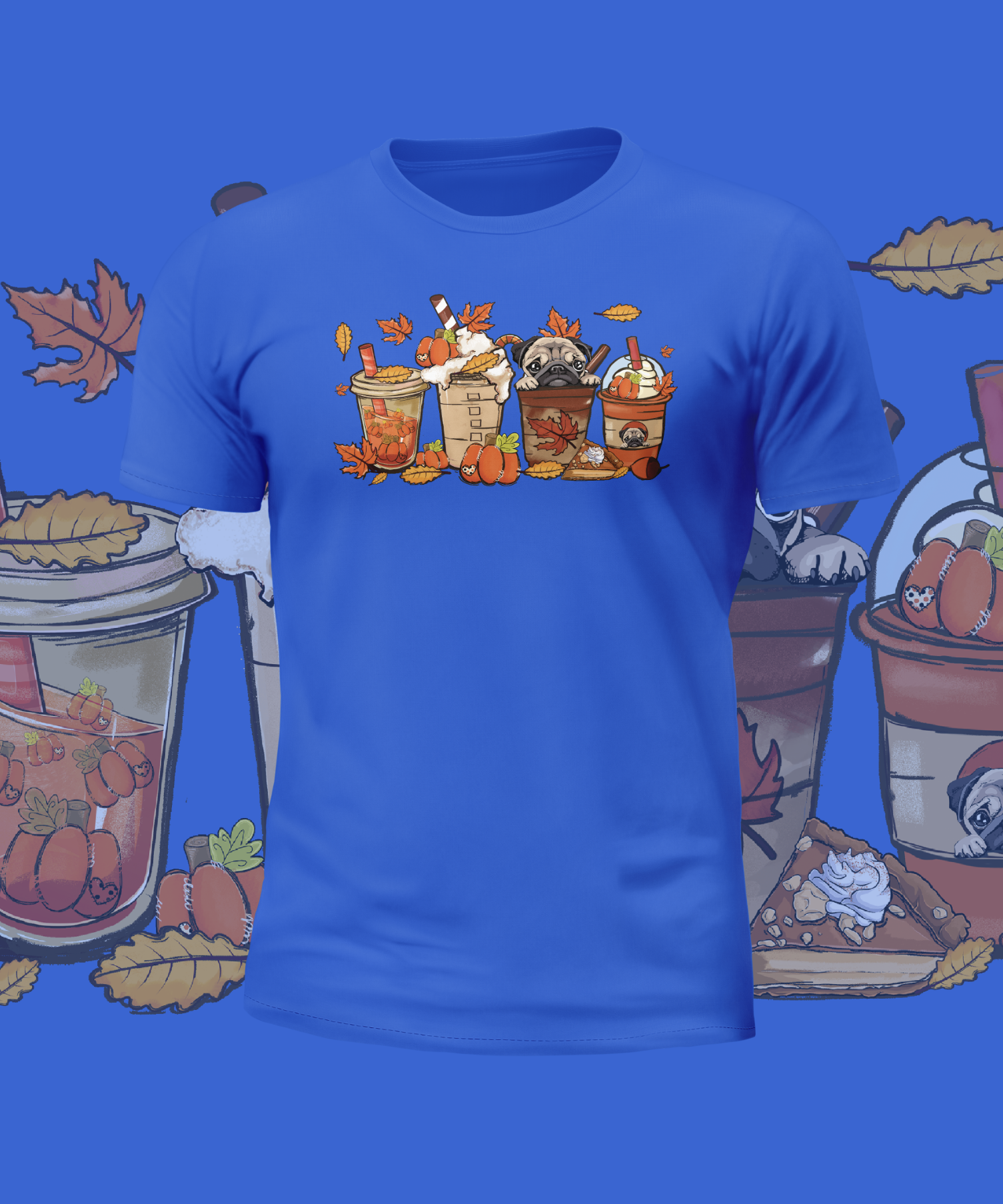 Autumn Cute Pugs in Cups Graphic Tee