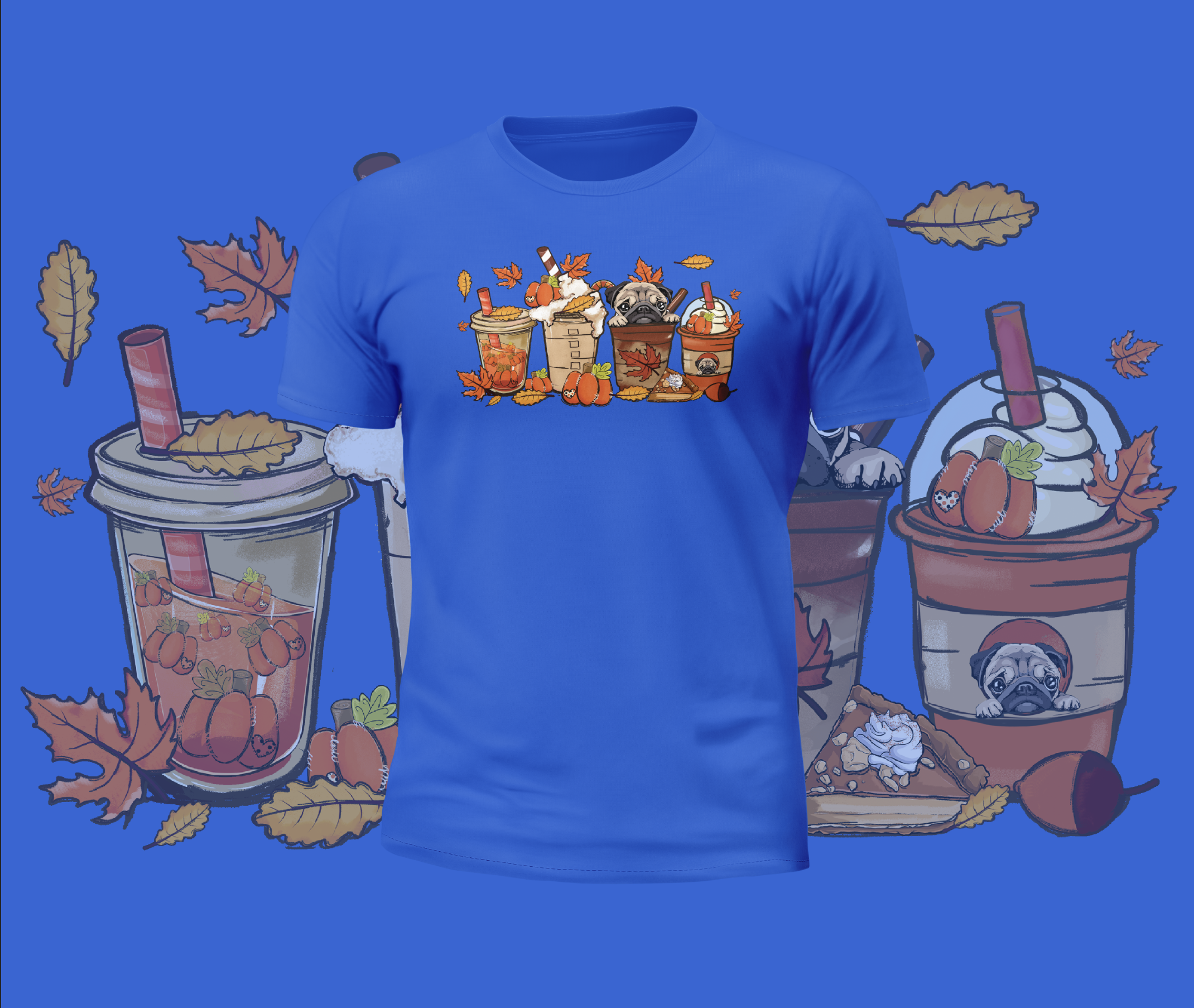 Autumn Cute Pugs in Cups Graphic Tee