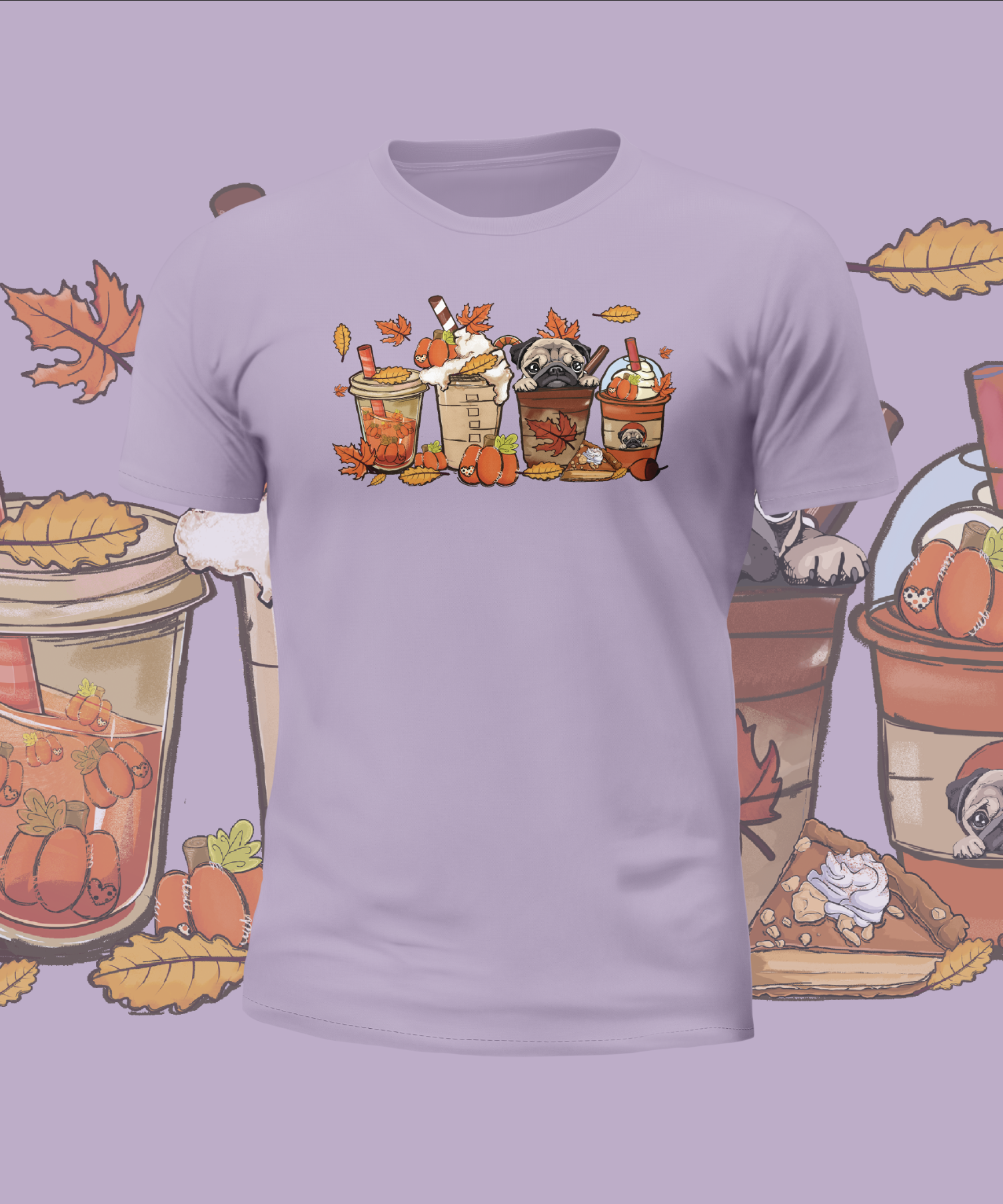 Autumn Cute Pugs in Cups Graphic Tee