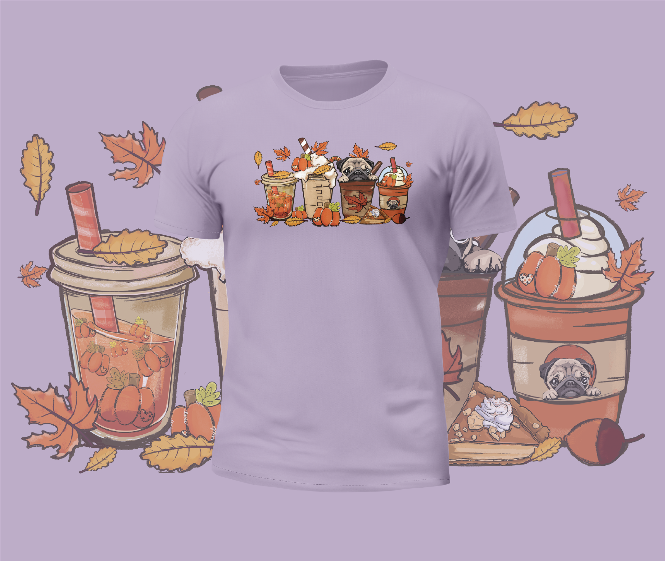 Autumn Cute Pugs in Cups Graphic Tee