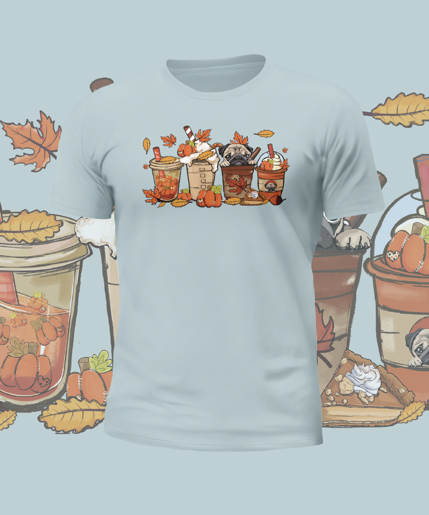 Autumn Cute Pugs in Cups Graphic Tee