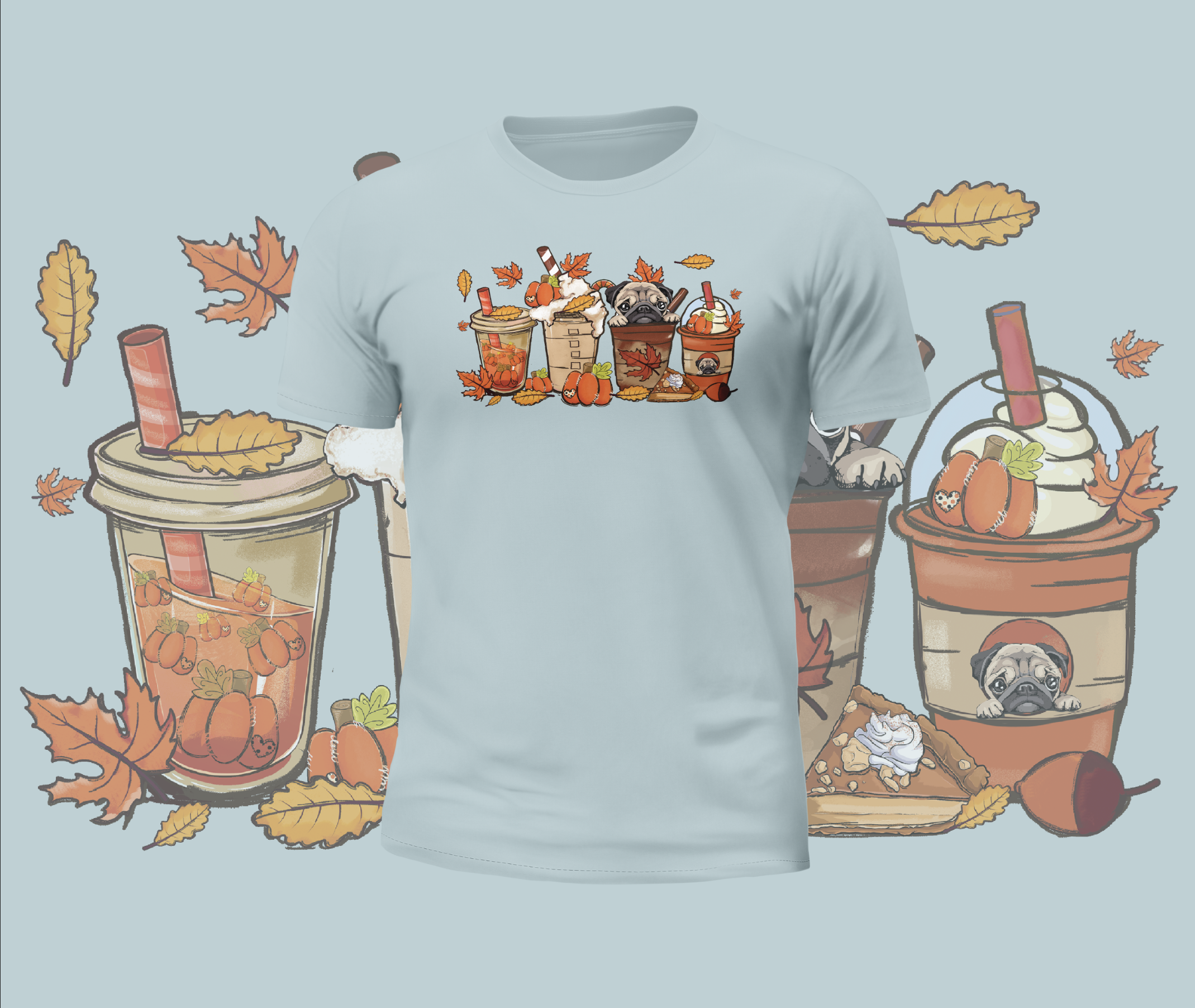 Autumn Cute Pugs in Cups Graphic Tee
