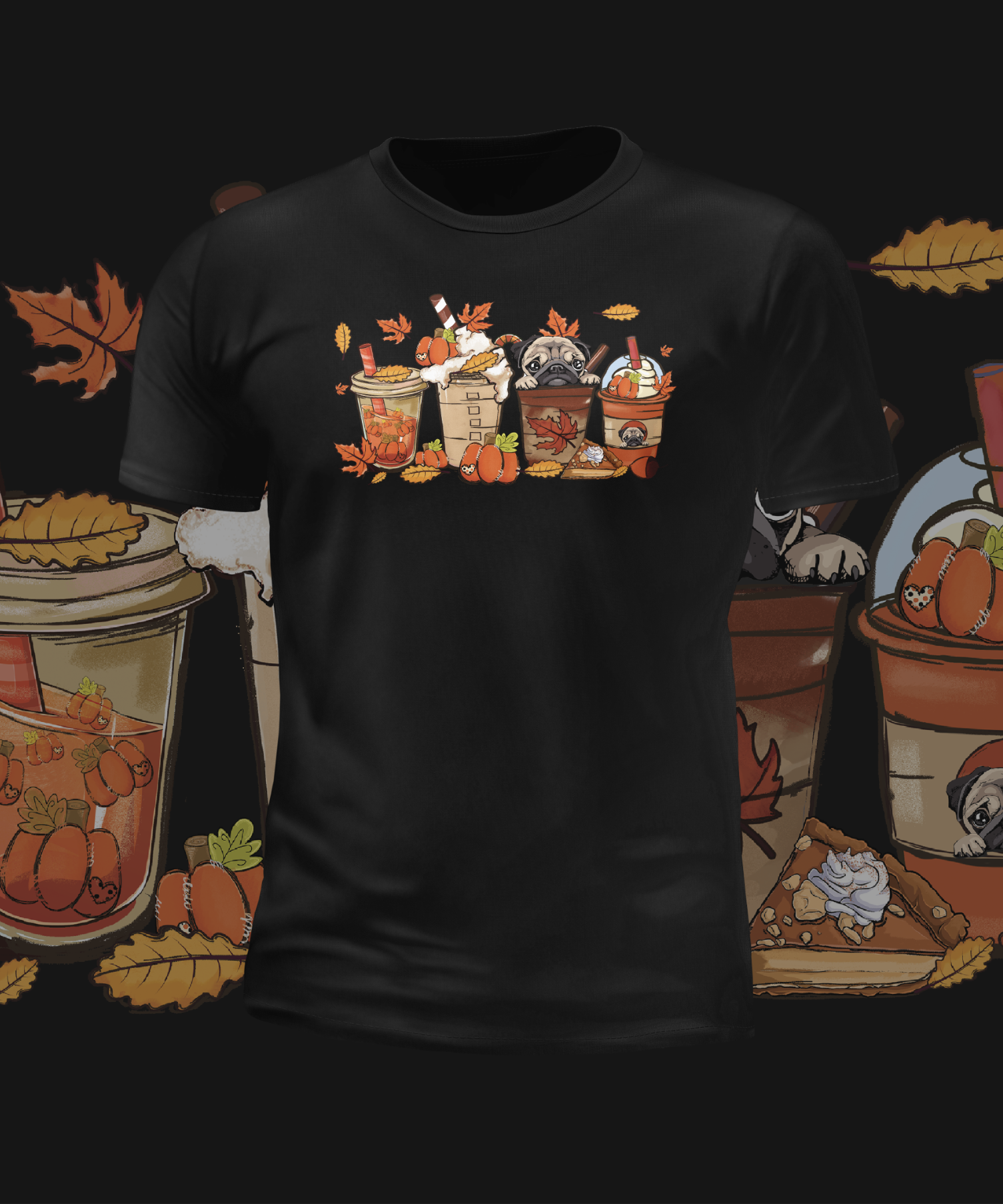 Autumn Cute Pugs in Cups Graphic Tee