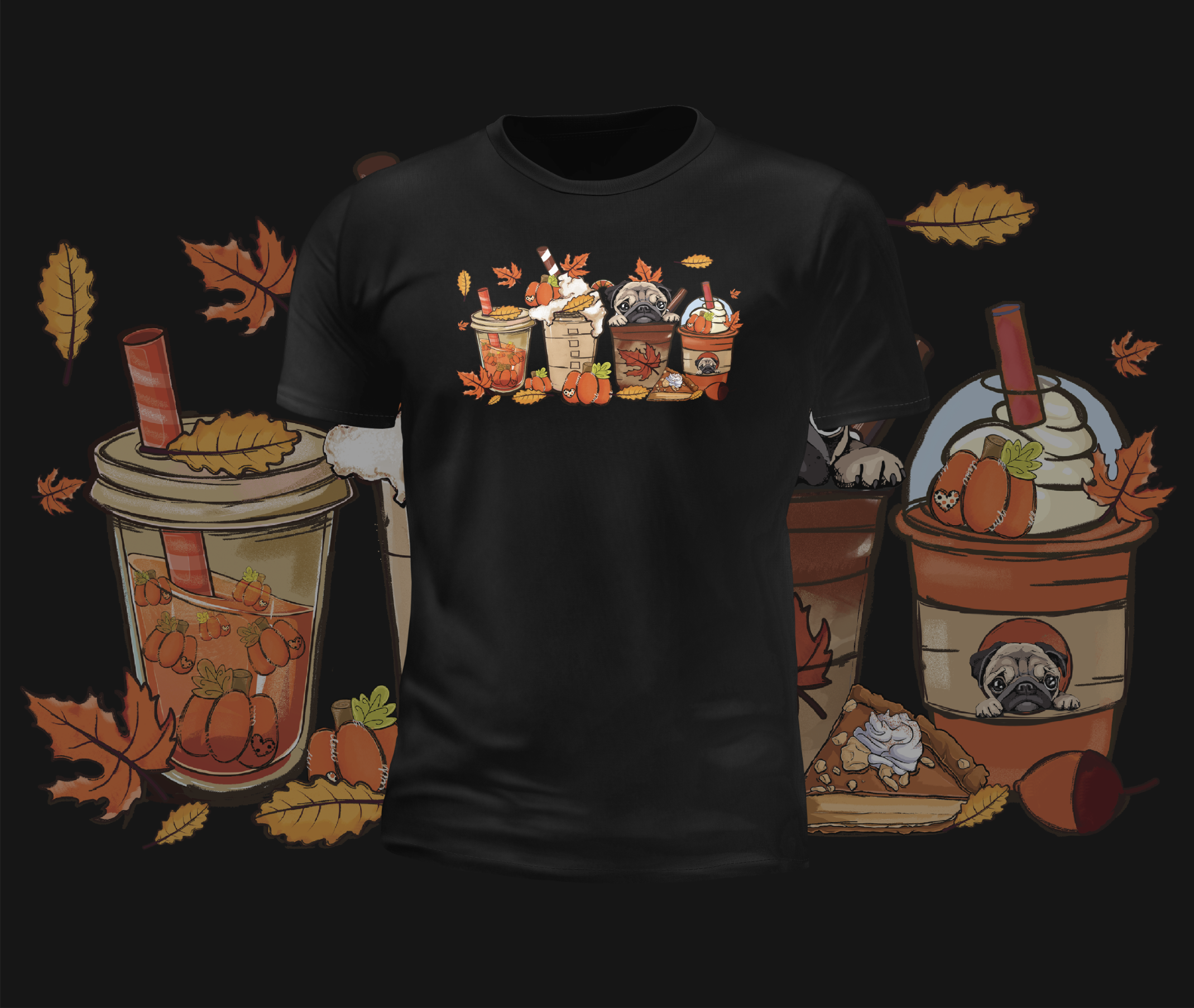 Autumn Cute Pugs in Cups Graphic Tee