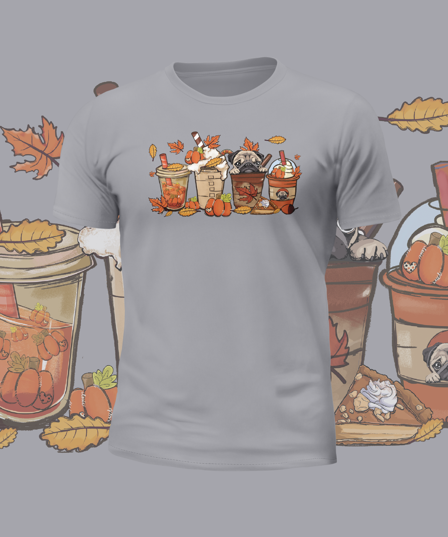 Autumn Cute Pugs in Cups Graphic Tee