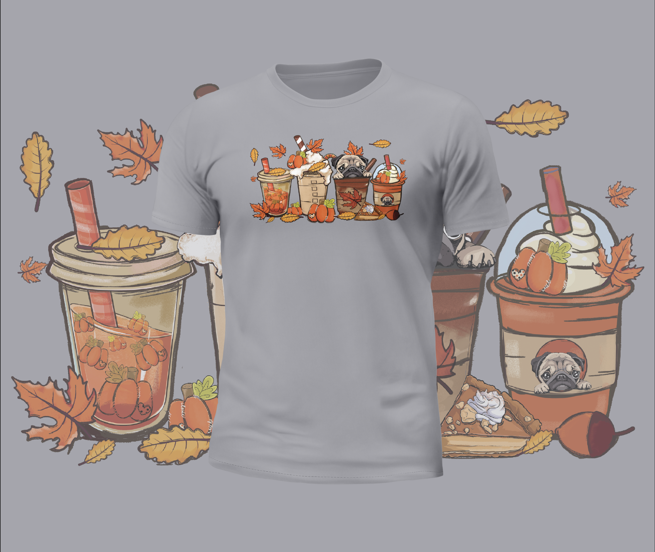 Autumn Cute Pugs in Cups Graphic Tee