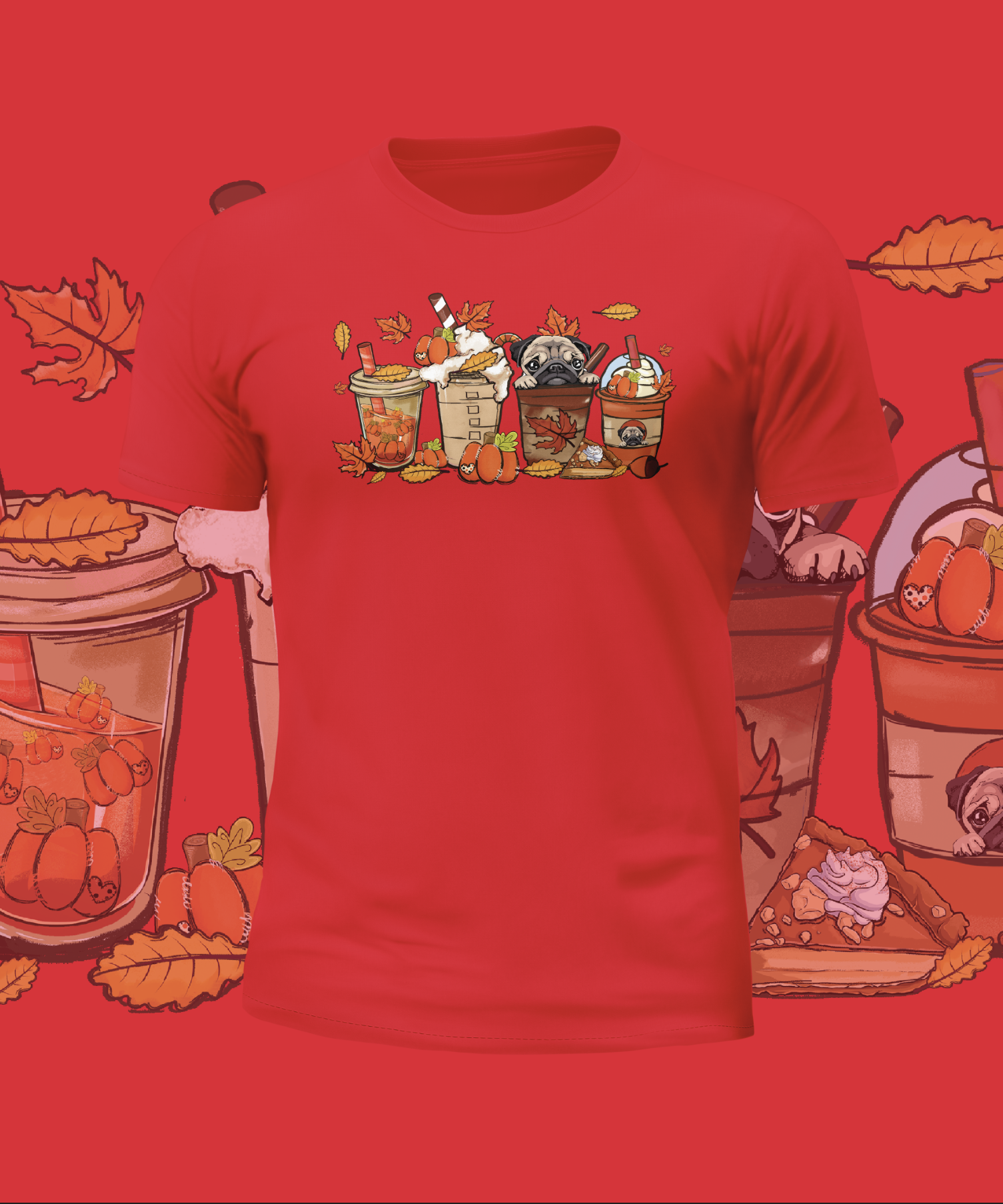 Autumn Cute Pugs in Cups Graphic Tee