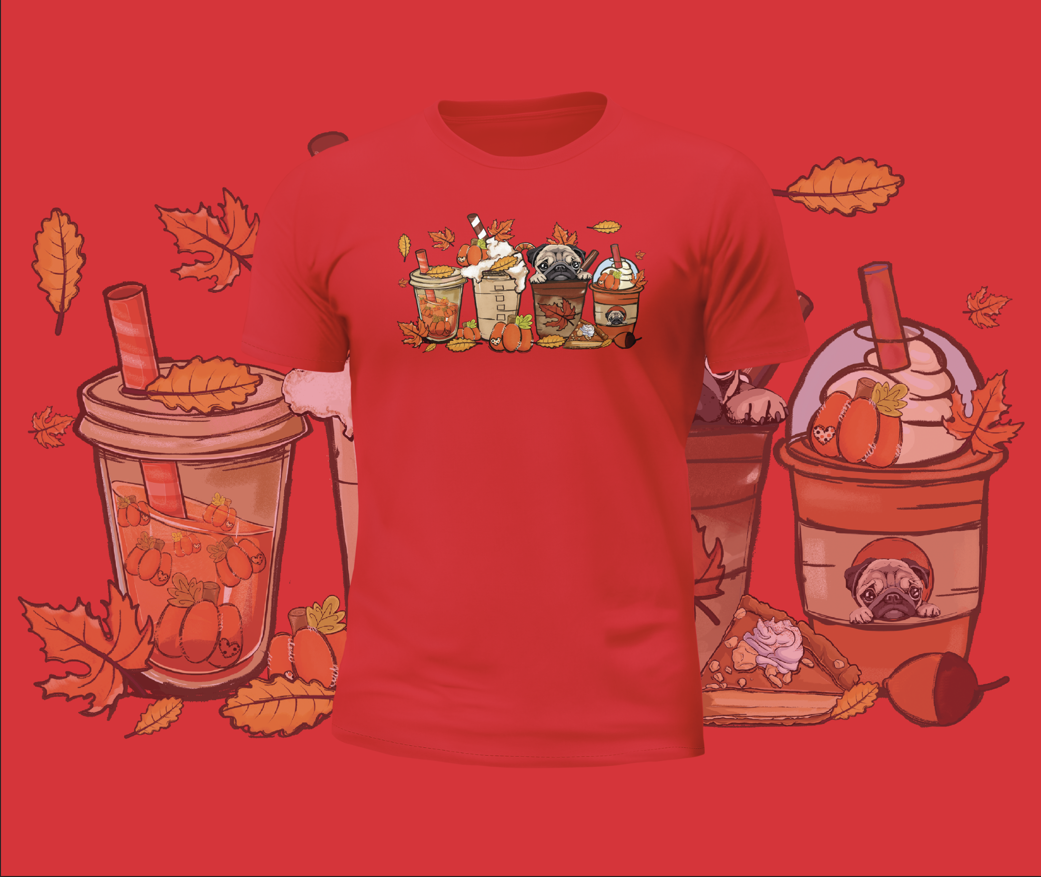 Autumn Cute Pugs in Cups Graphic Tee