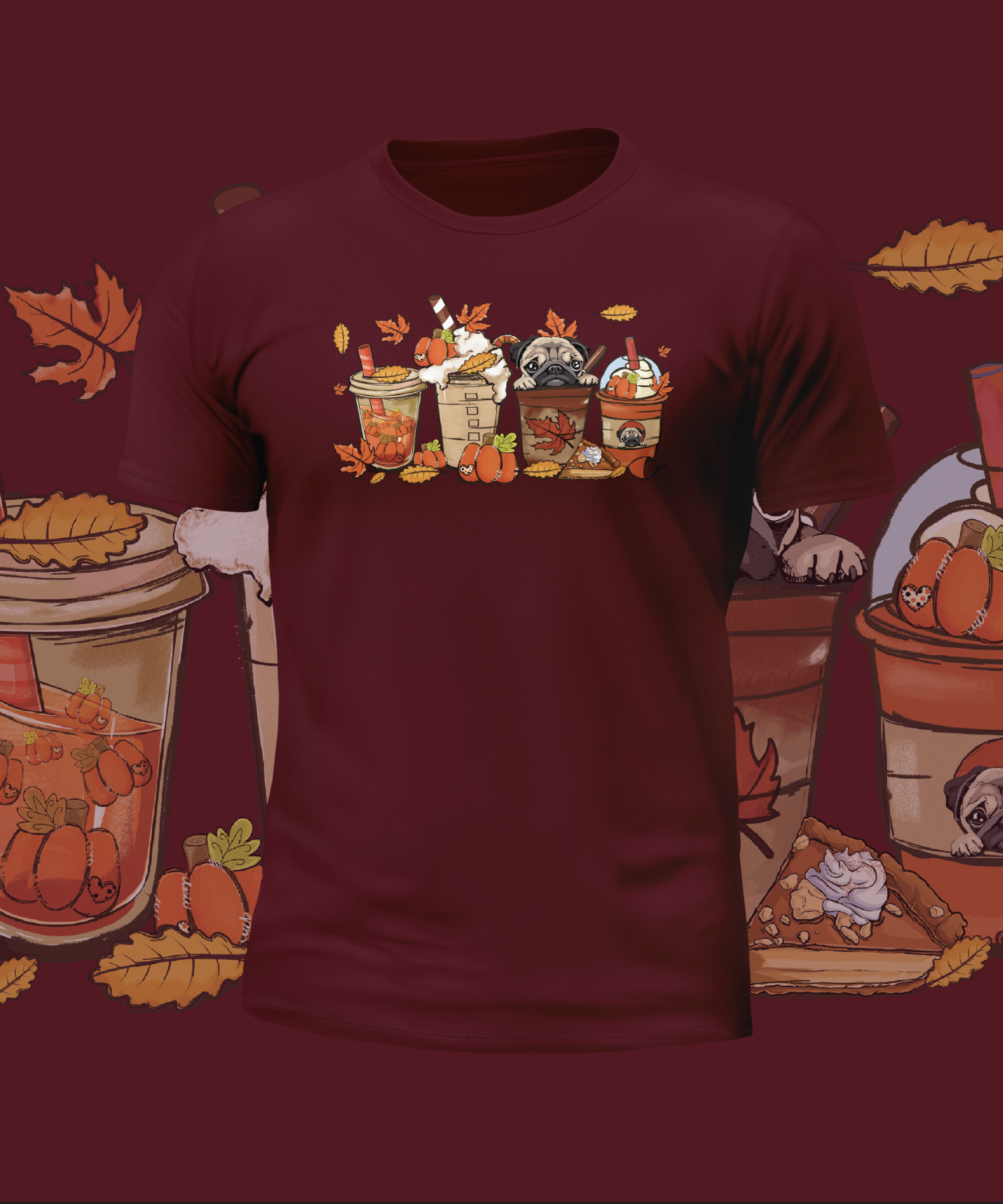 Autumn Cute Pugs in Cups Graphic Tee