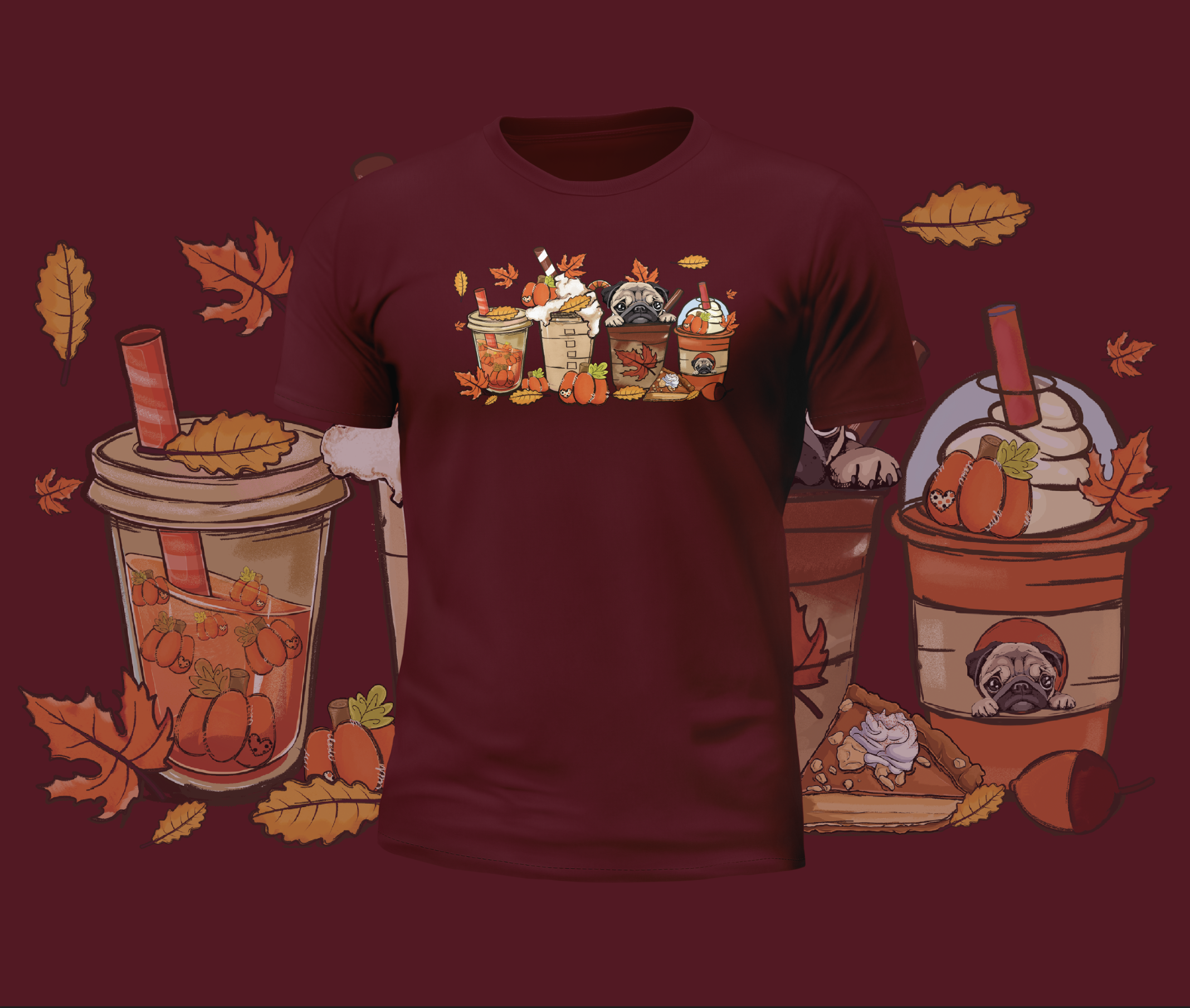 Autumn Cute Pugs in Cups Graphic Tee